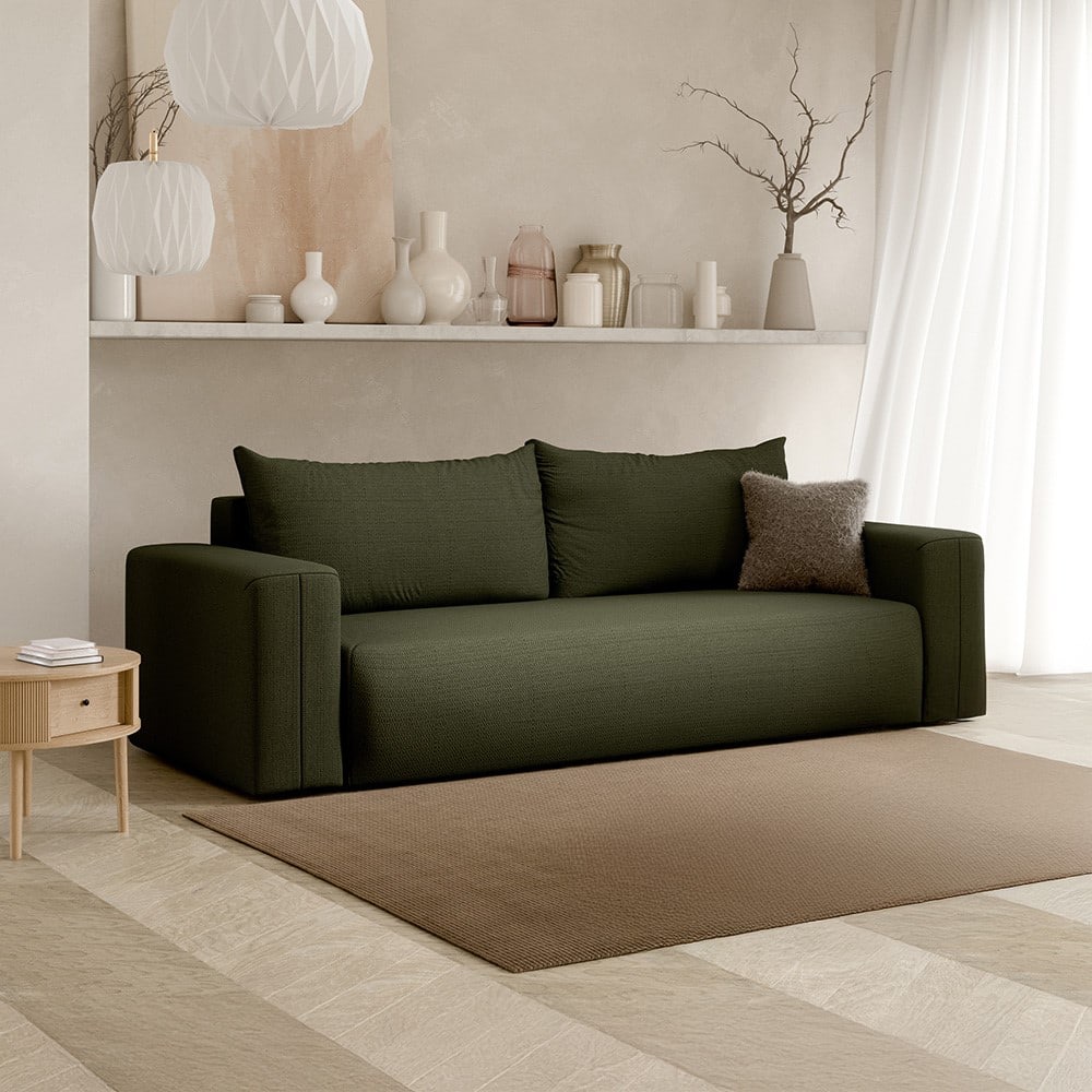 Canapé droit convertible droit 3 places en tissu vert