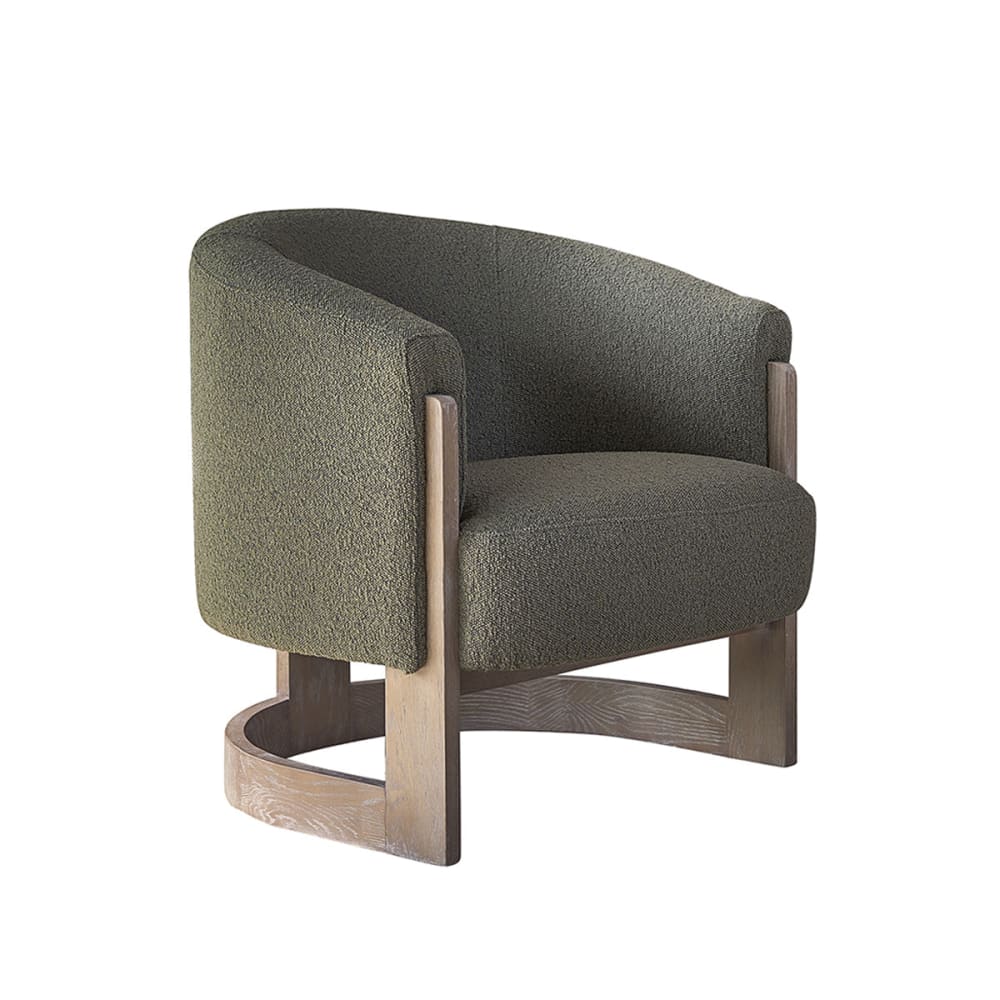 Sessel aus massiver Eiche und khakifarbenem Bouclé-Stoff -