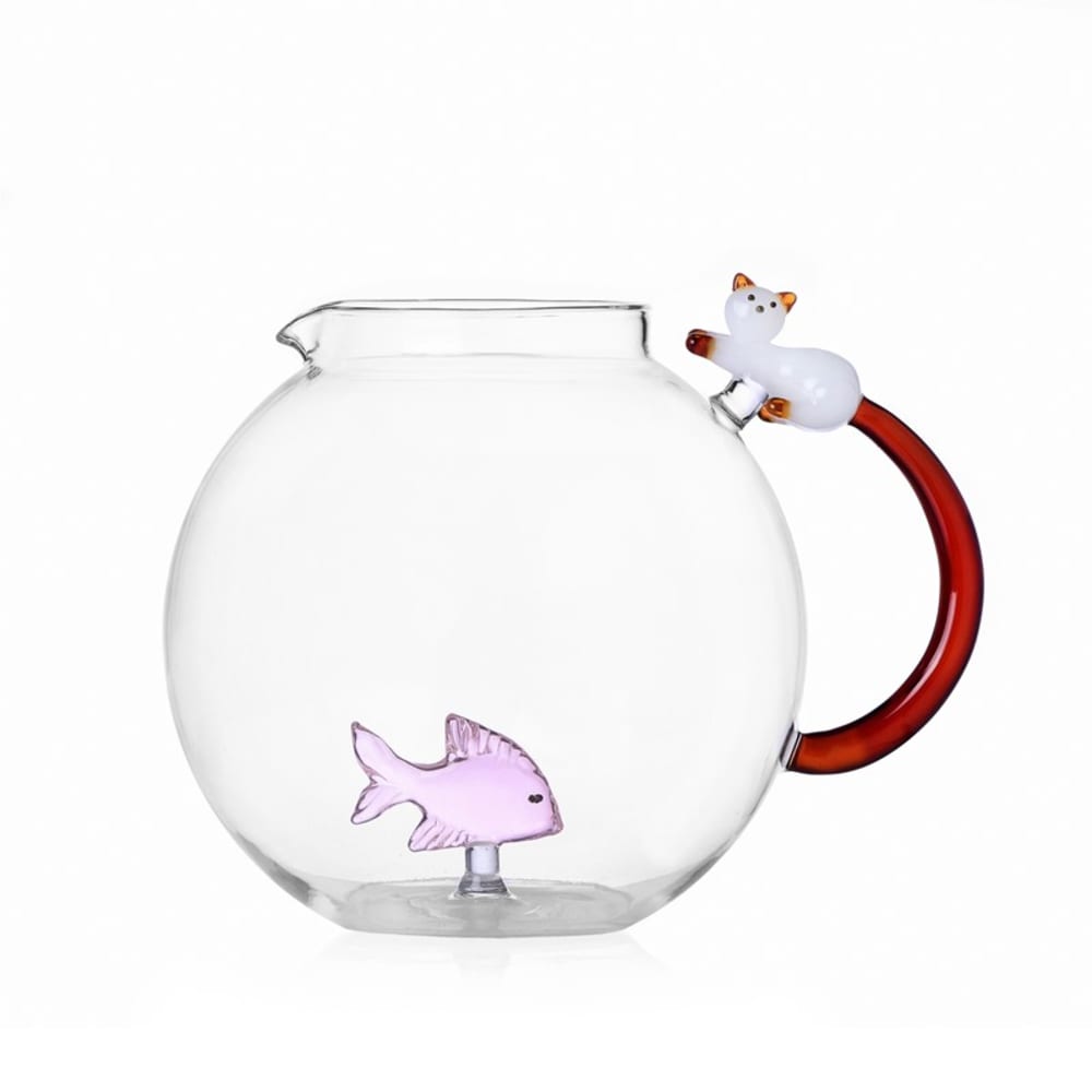 Ichendorf Milano Krug aus Borosilikatglas, Fisch und Katze, rosa/bernstein, 1500 ml Transparent