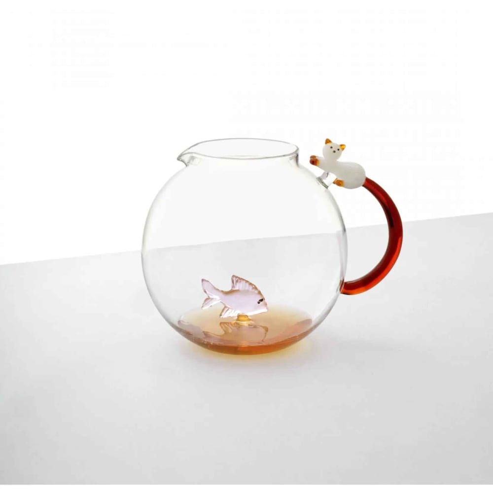 Krug aus Borosilikatglas, Fisch und Katze, rosa/bernstein, 1500