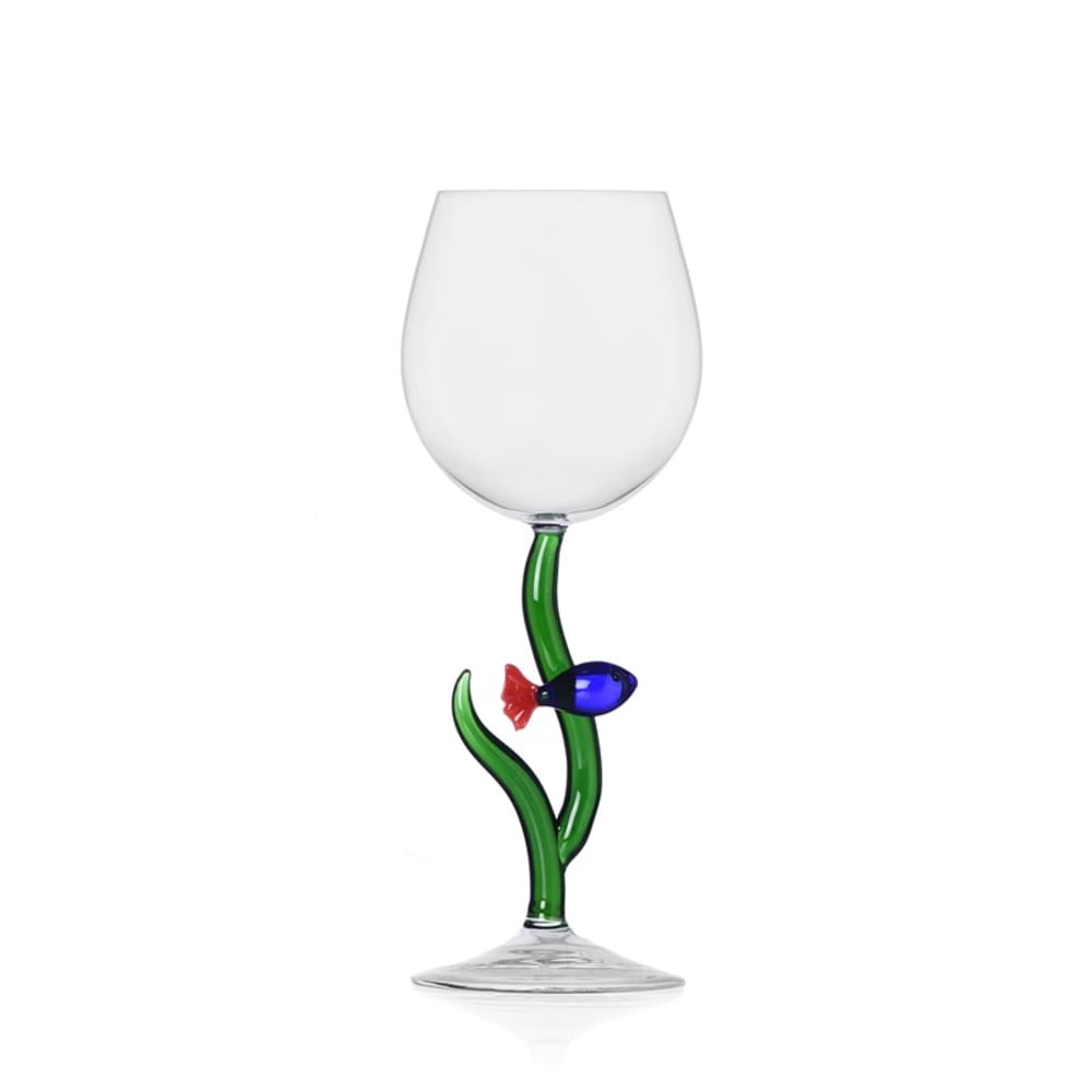 Verre à pied poisson bleu et rouge transparente