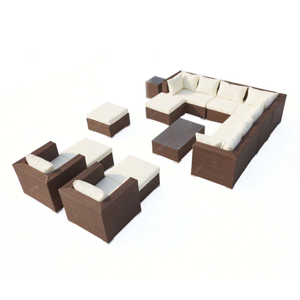 Salon jardin modulable 13/14 places résine tressée marron et blanc