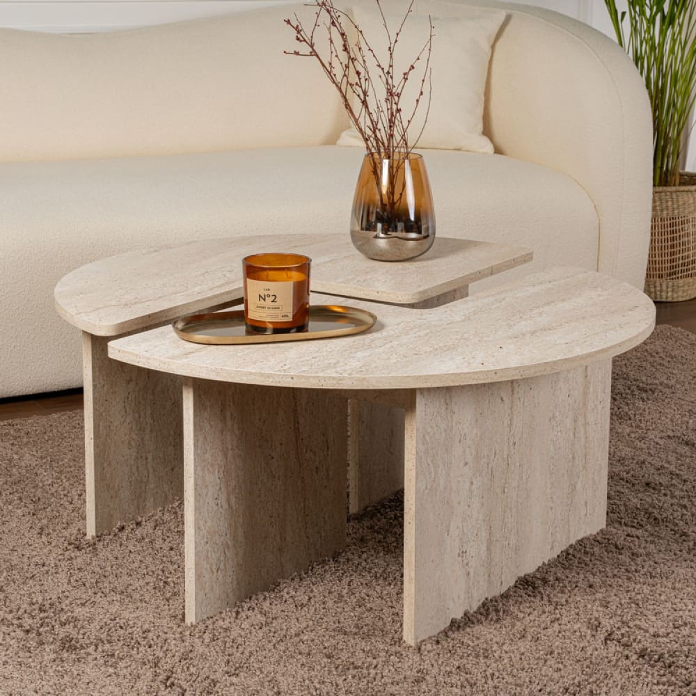 Concept Usine Runder Couchtisch Duo in Travertinoptik 90 cm style modern Weiß Holz