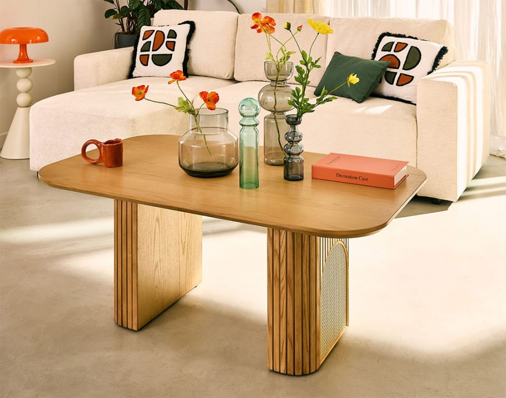Table basse   bois plaqué chêne et cannage   120 cm bois