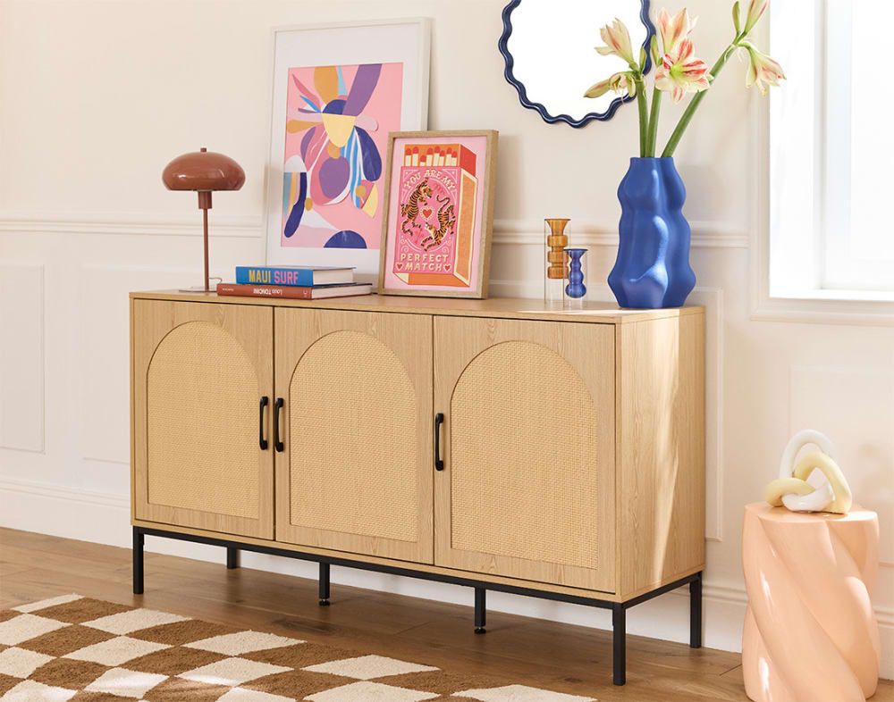 Buffet bas   cannage et effet bois   3 portes  bois / noir