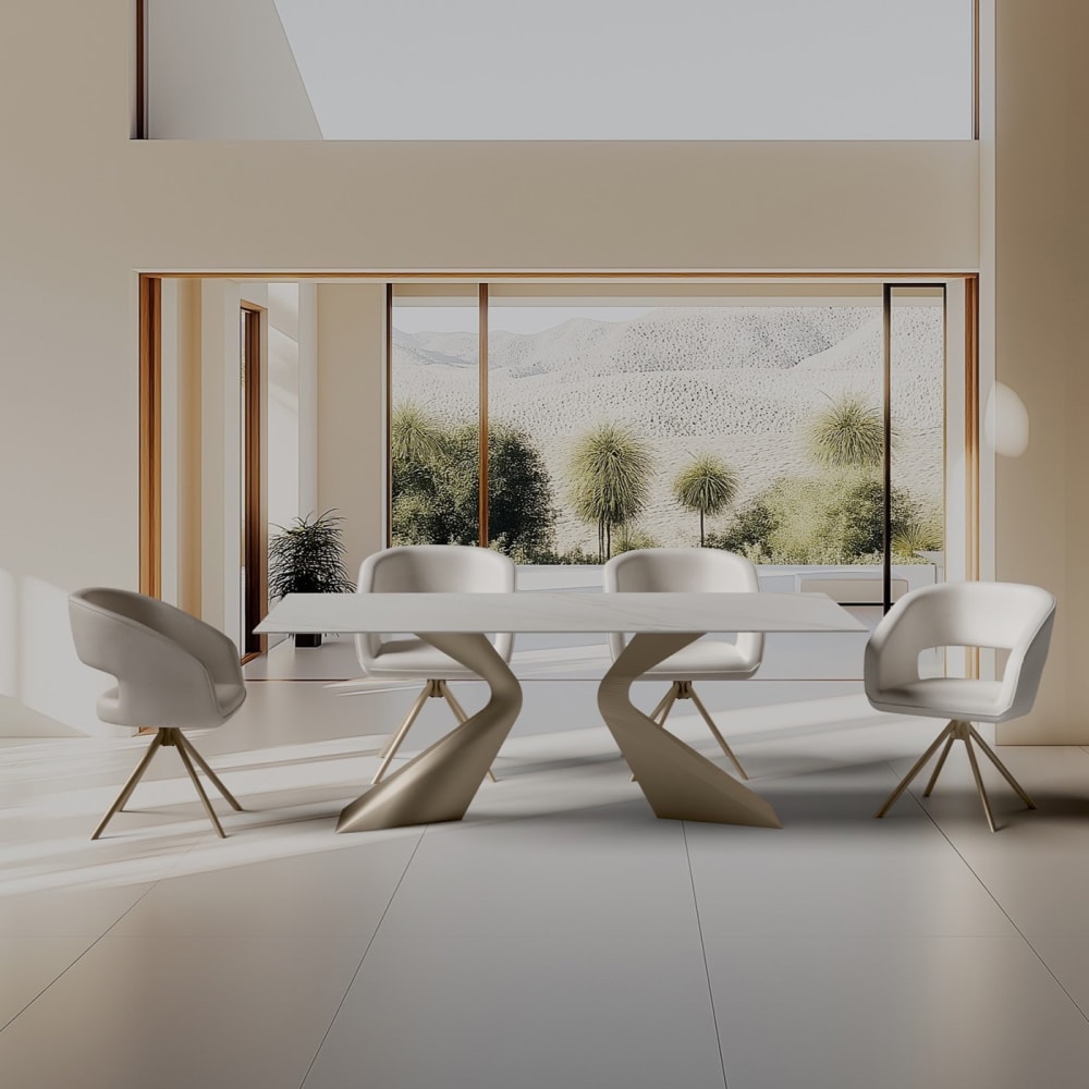 Table à manger 8 personnes en grès blanc et acier beige L200