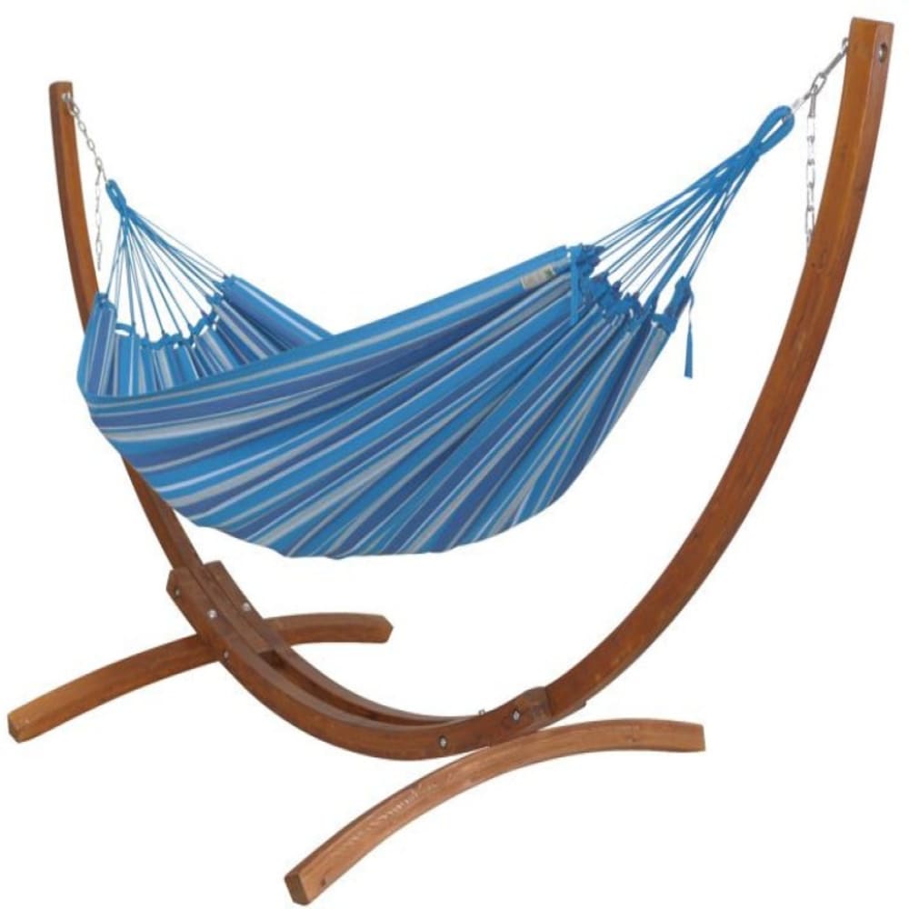 Hamac L en coton bleu et blanc et support en bois de mélèze