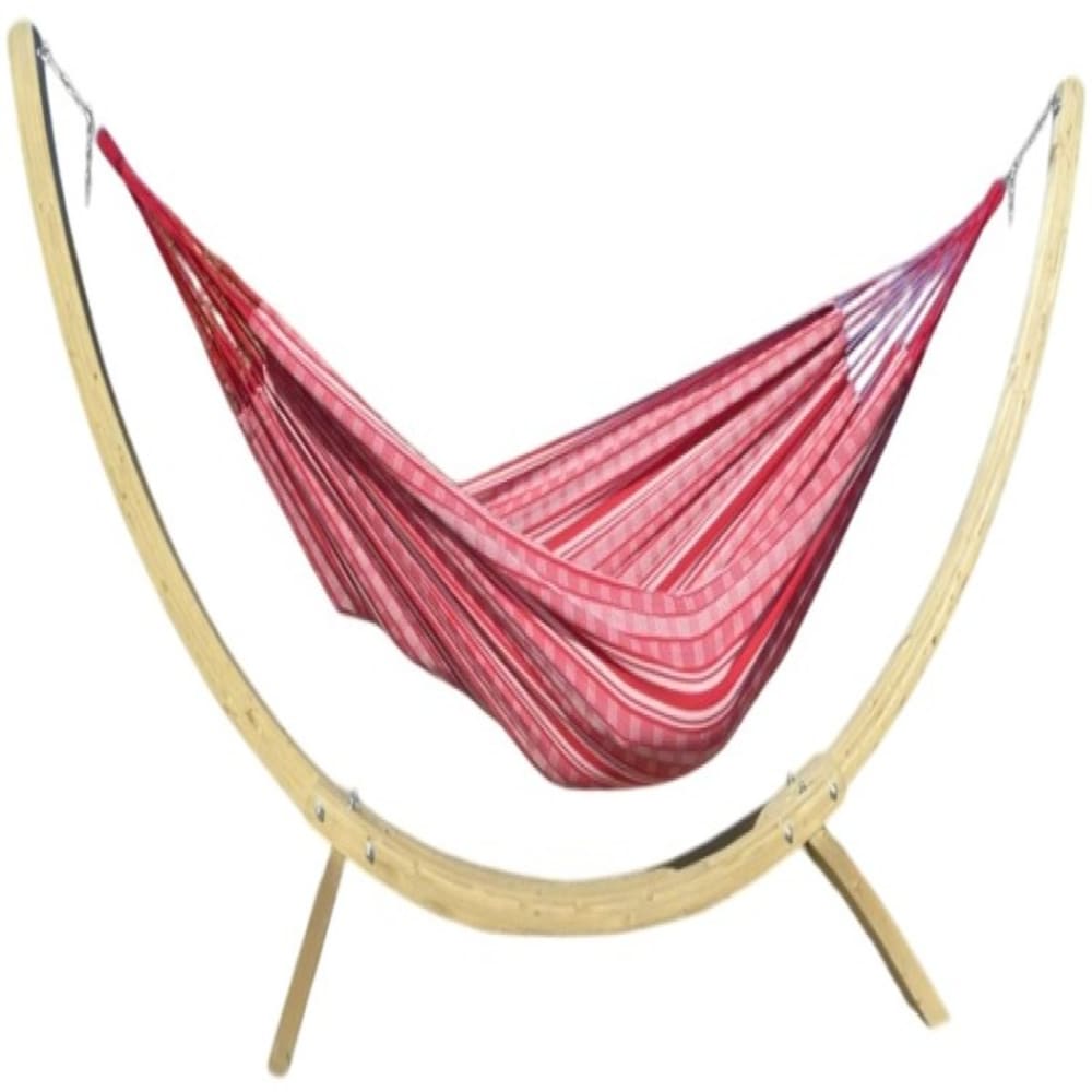 Hamac XL en coton rouge et blanc et pied en bois d'épicéa