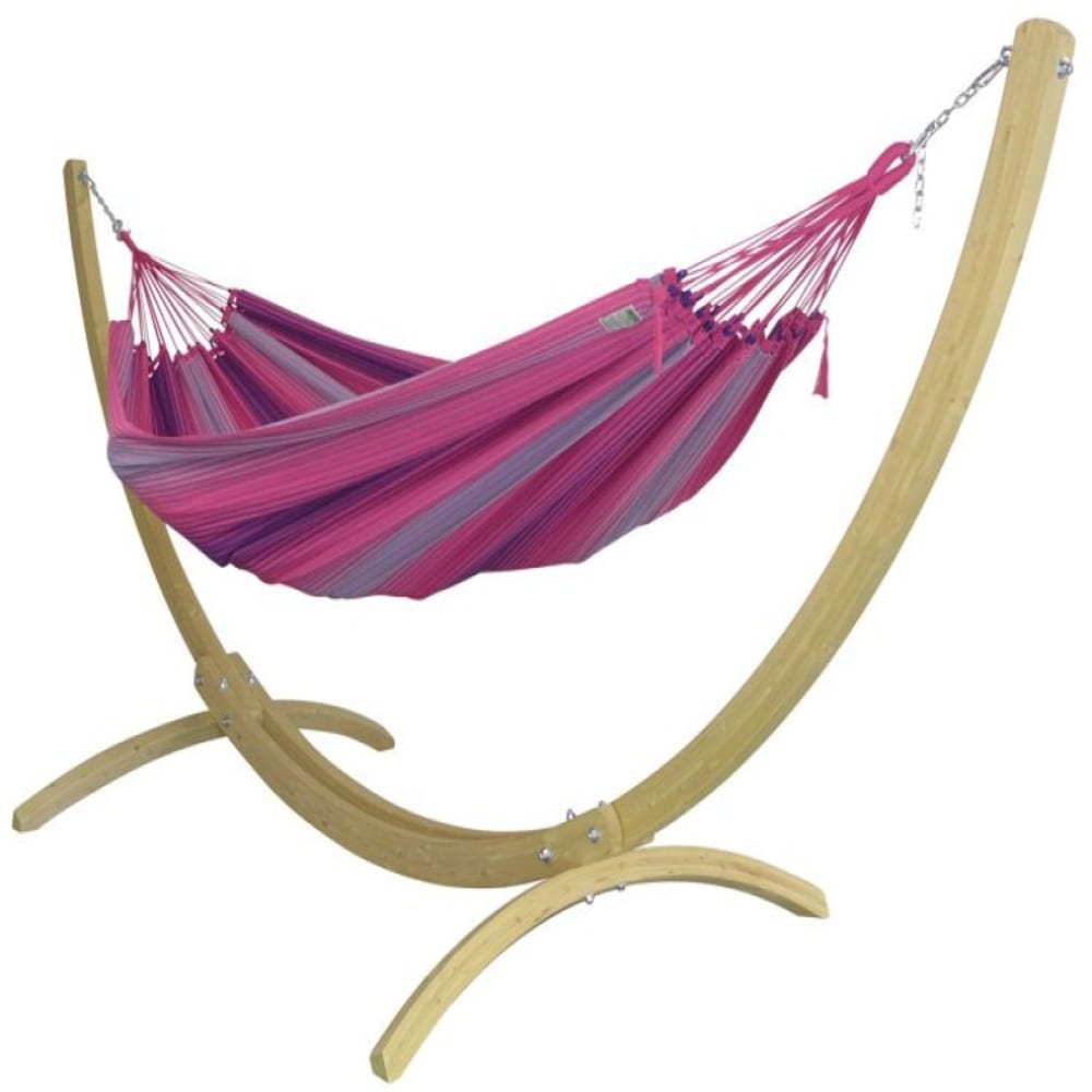 Hamac XXL en coton rose et pied en bois d'épicea