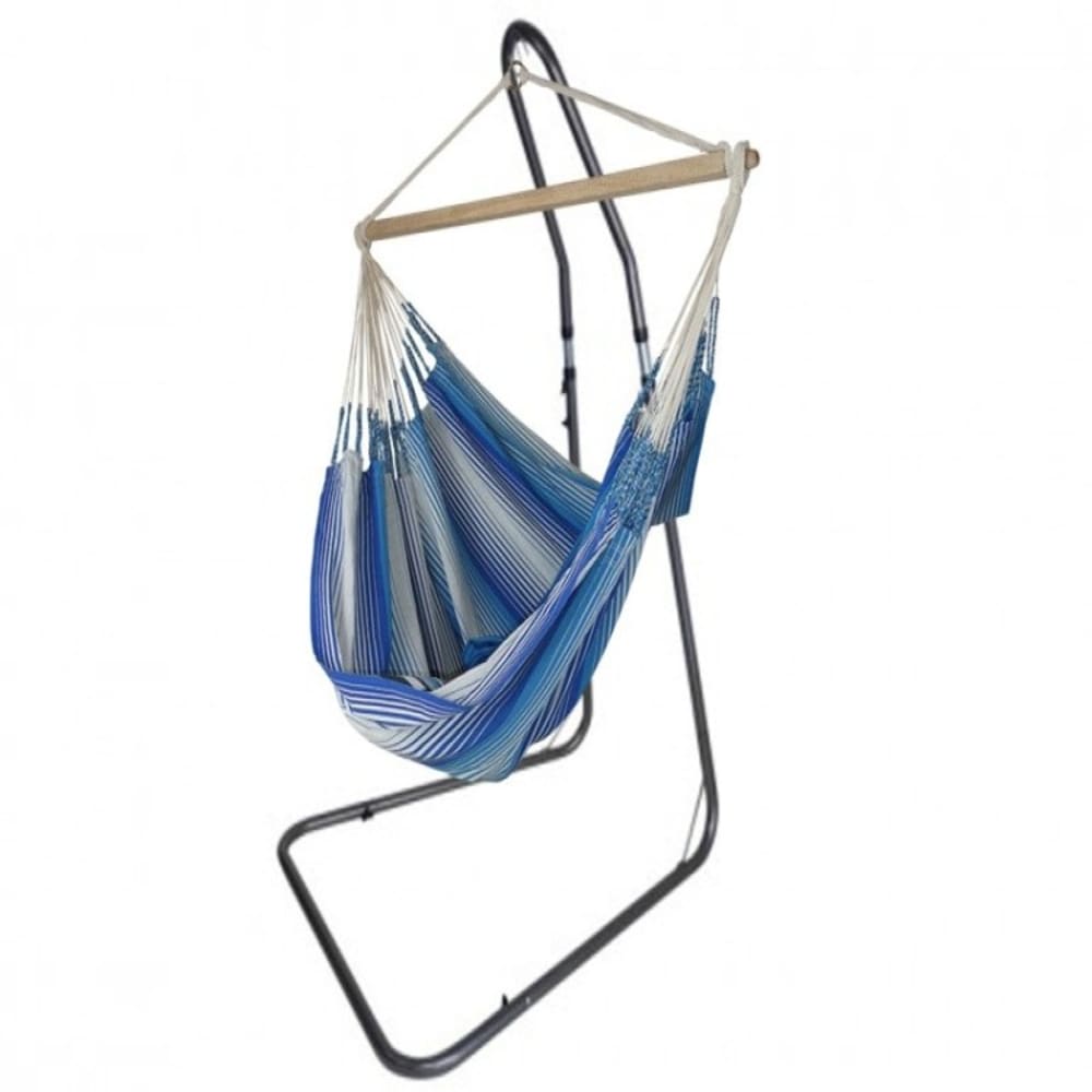 Hamac chaise XL en coton bleu et blanc et support en métal
