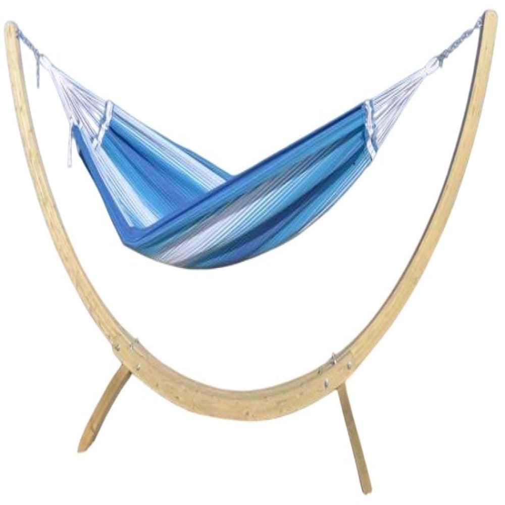 Hamac XXL en coton bleu et blanc et support en bois d'épicéa