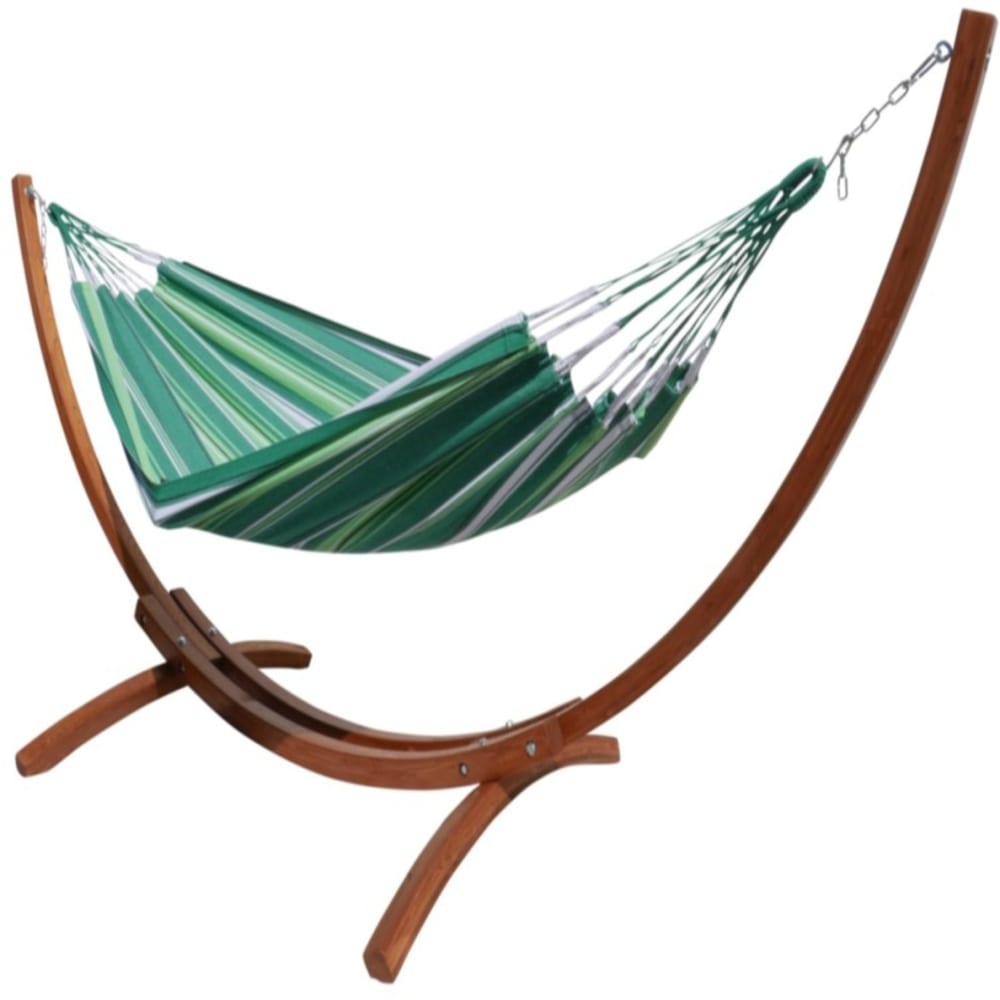 Hamac L en coton multicolore et pied de hamac en bois de mélèze