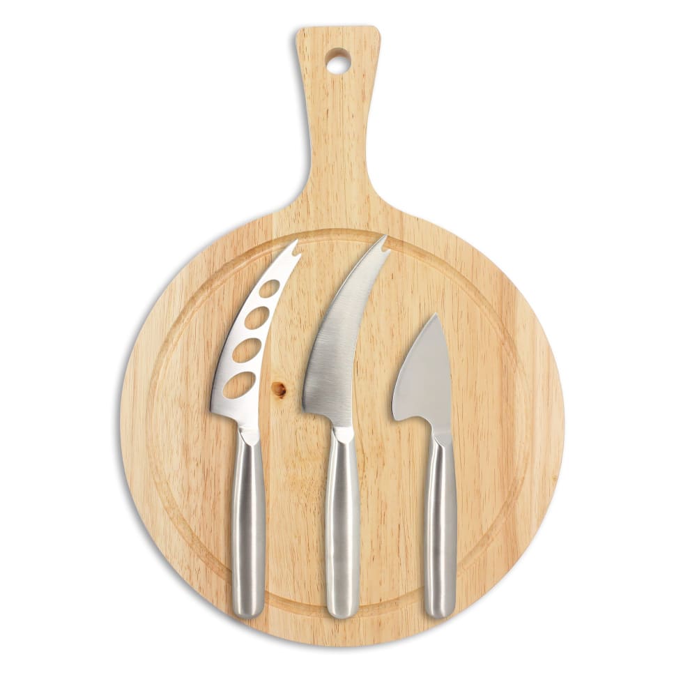 Planche à découper ronde et 3 couteaux à fromage