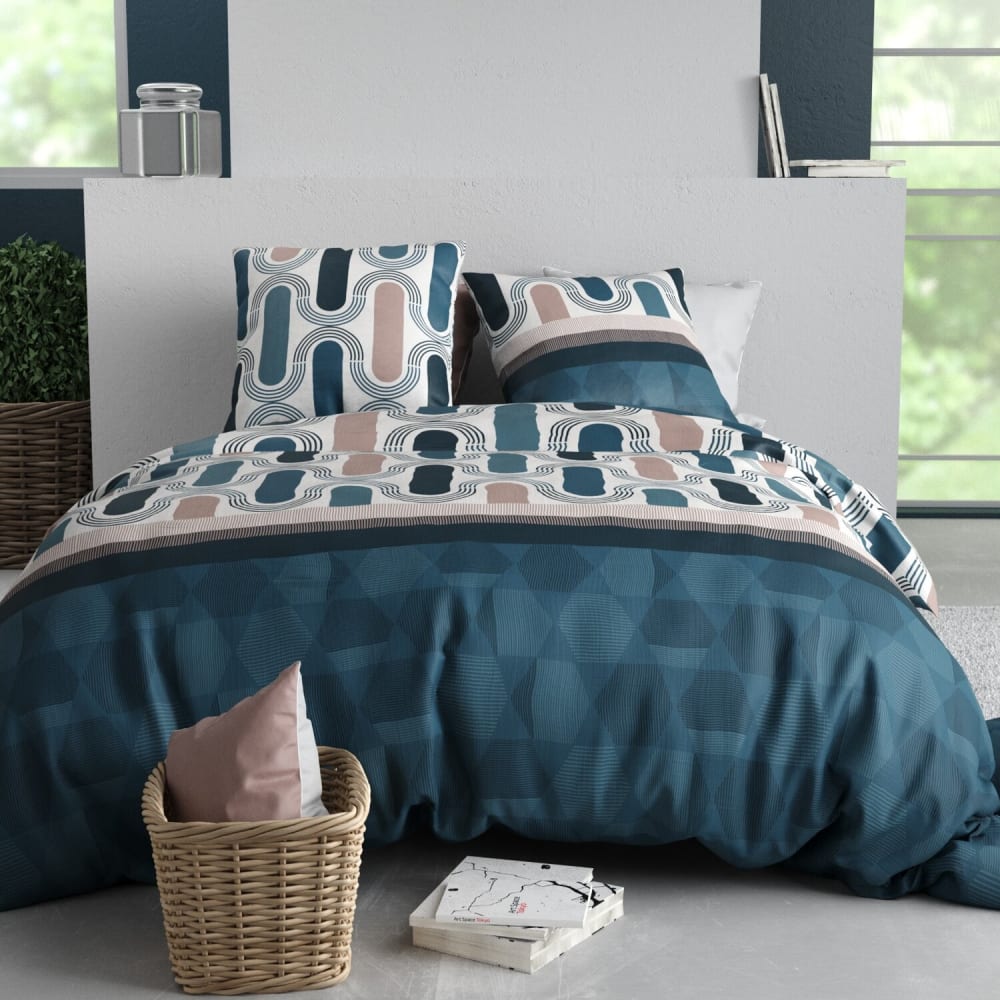 Parure housse de couette coton imprimée + 2 taies 260x240 cm