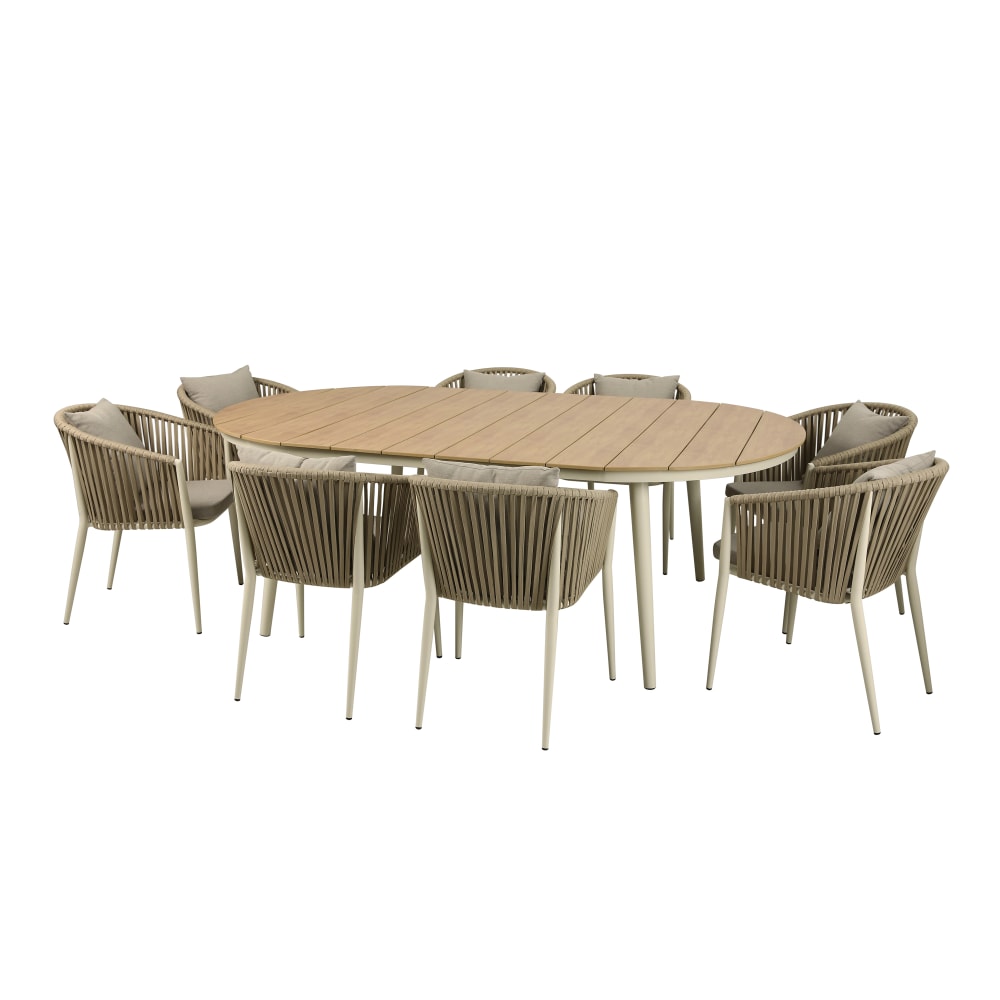 Salon de jardin avec 8 chaises, polywood aspect bois, beige