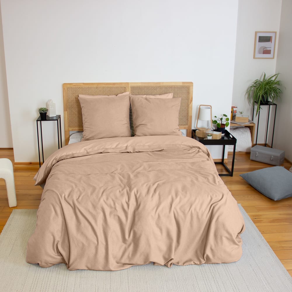 Parure de lit 220x240 cm Microfibre effet flanelle Grège