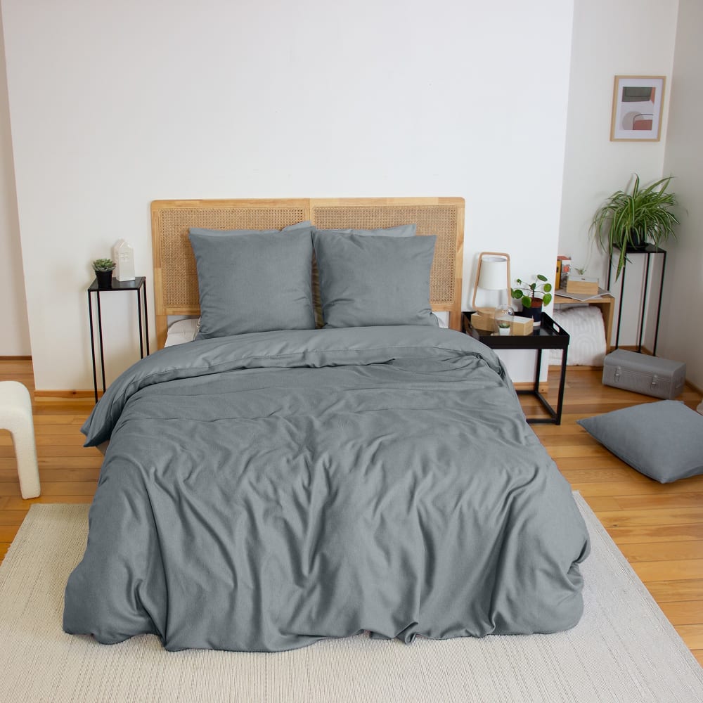 Parure de lit 220x240 cm Microfibre effet flanelle Ardoise