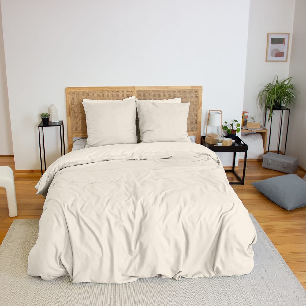 Parure de lit 220x240 cm Microfibre effet flanelle Crème