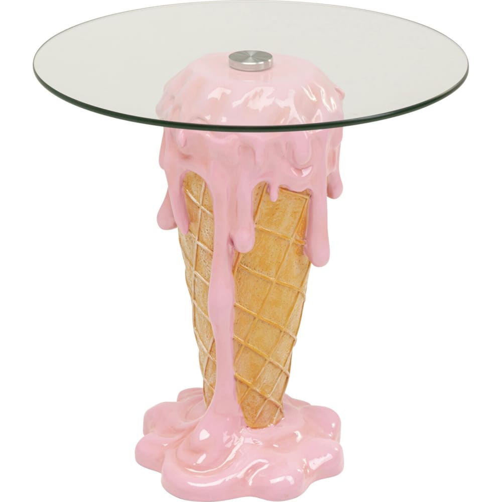 Table d'appoint glace à la fraise en polyrésine et verre d48 Table d'appoint glace à la fraise en polyrésine et verre d48