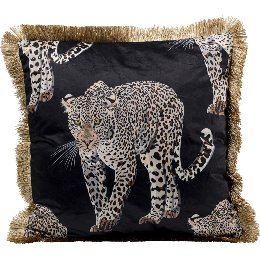 Coussin à franges en velours noir imprimé léopard 45x45 Coussin à franges en velours noir imprimé léopard 45x45