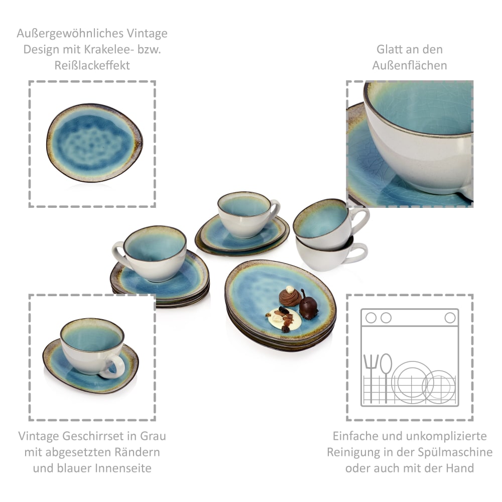 12-teiliges Kaffeeservice aus Steingut, blau - Maisons Du Monde