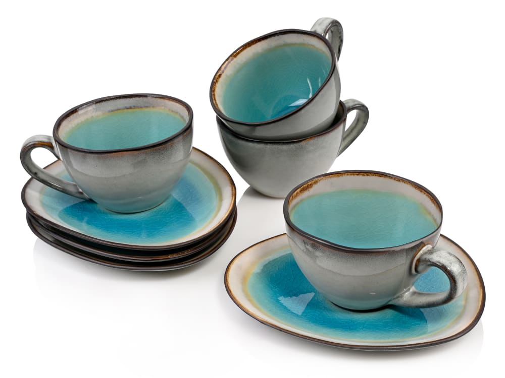 SÄNGER 8er Set Kaffeetassen aus Steingut, türkis style vintage Blau Keramik