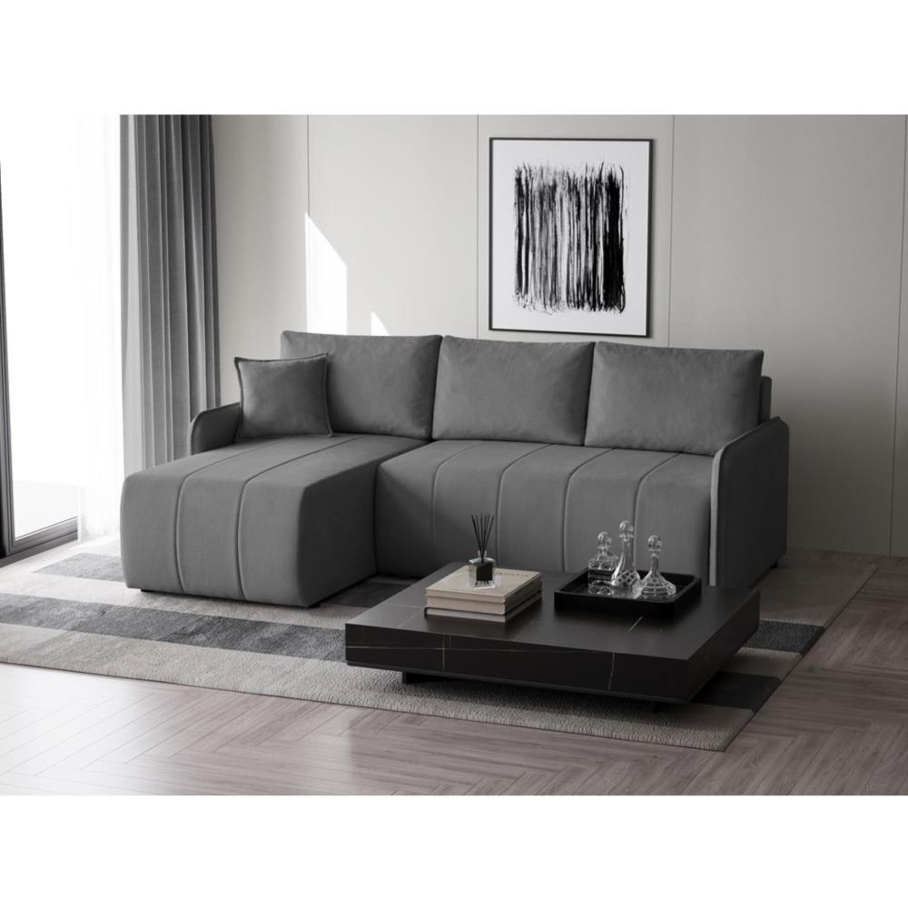 Ecksofa mit Schlaffunktion, Velours-Stoff, dunkelgrau - Maisons