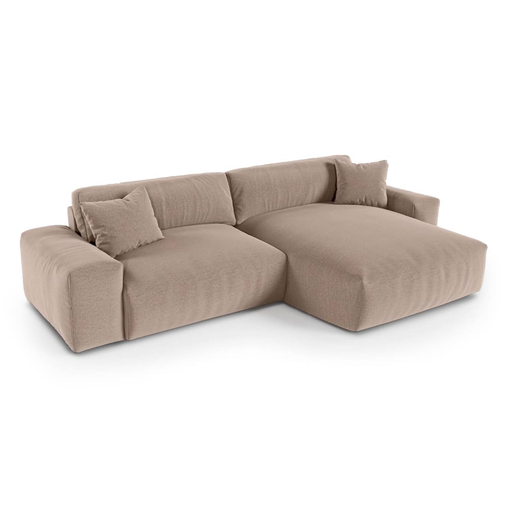 Canapé d'angle droit 4 places en tissu tramé toucher doux taupe