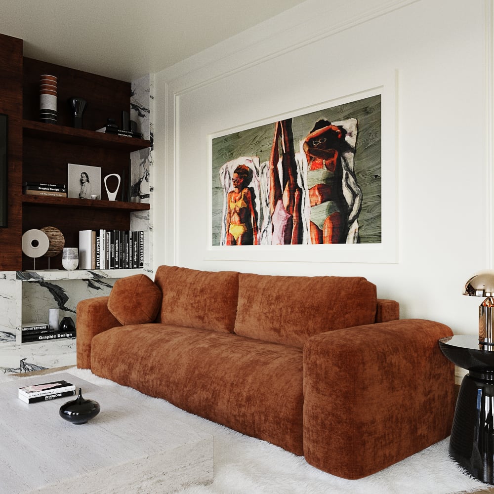 Canapé convertible avec coffre 4 places en velours texturé terracotta