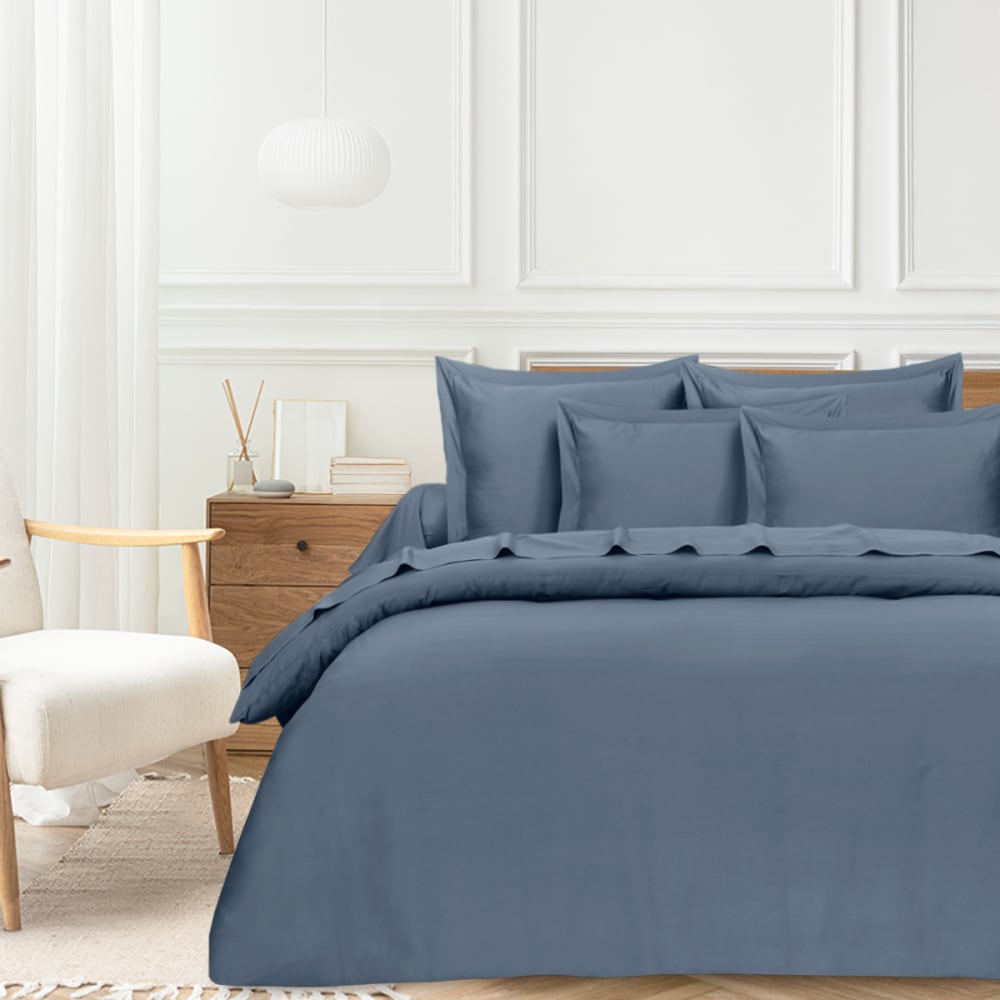Parure de lit  2 personnes  260x240 cm  satin de coton bleu