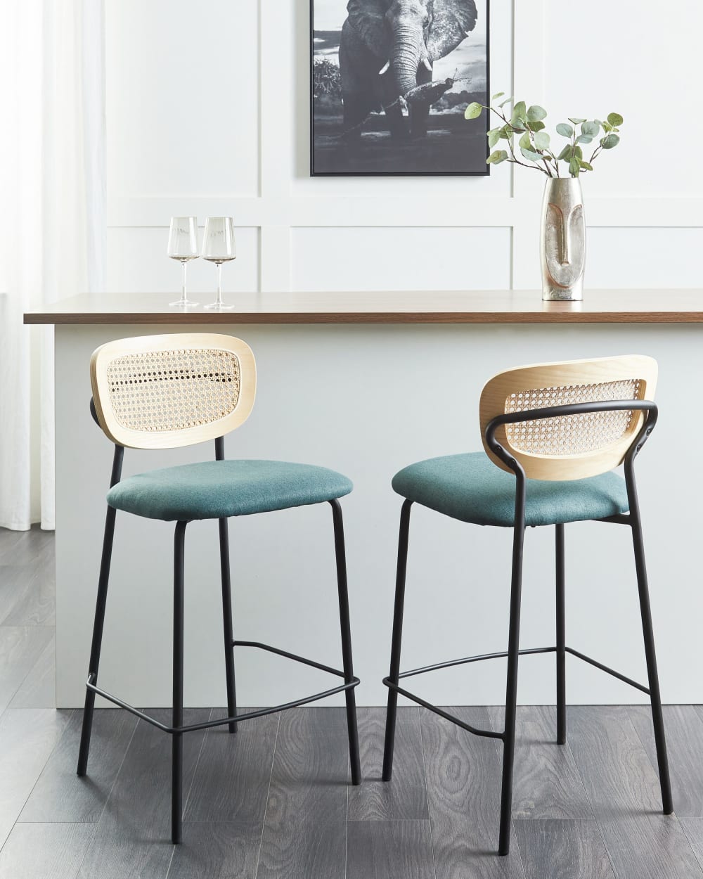 Lot de 2 chaises de bar rotin bleu paon