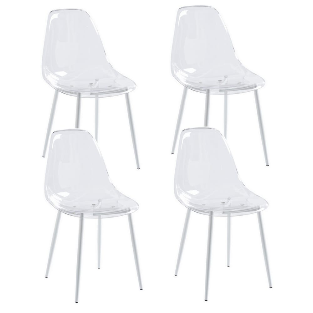 Lot de 4 chaises transparentes avec pieds en acier blanc Lot de 4 chaises transparentes avec pieds en acier blanc