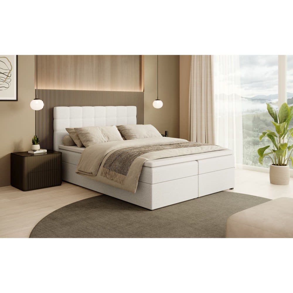 Lit rembourré avec coffre de rangement 144/203/103 beige foncé, bouclé