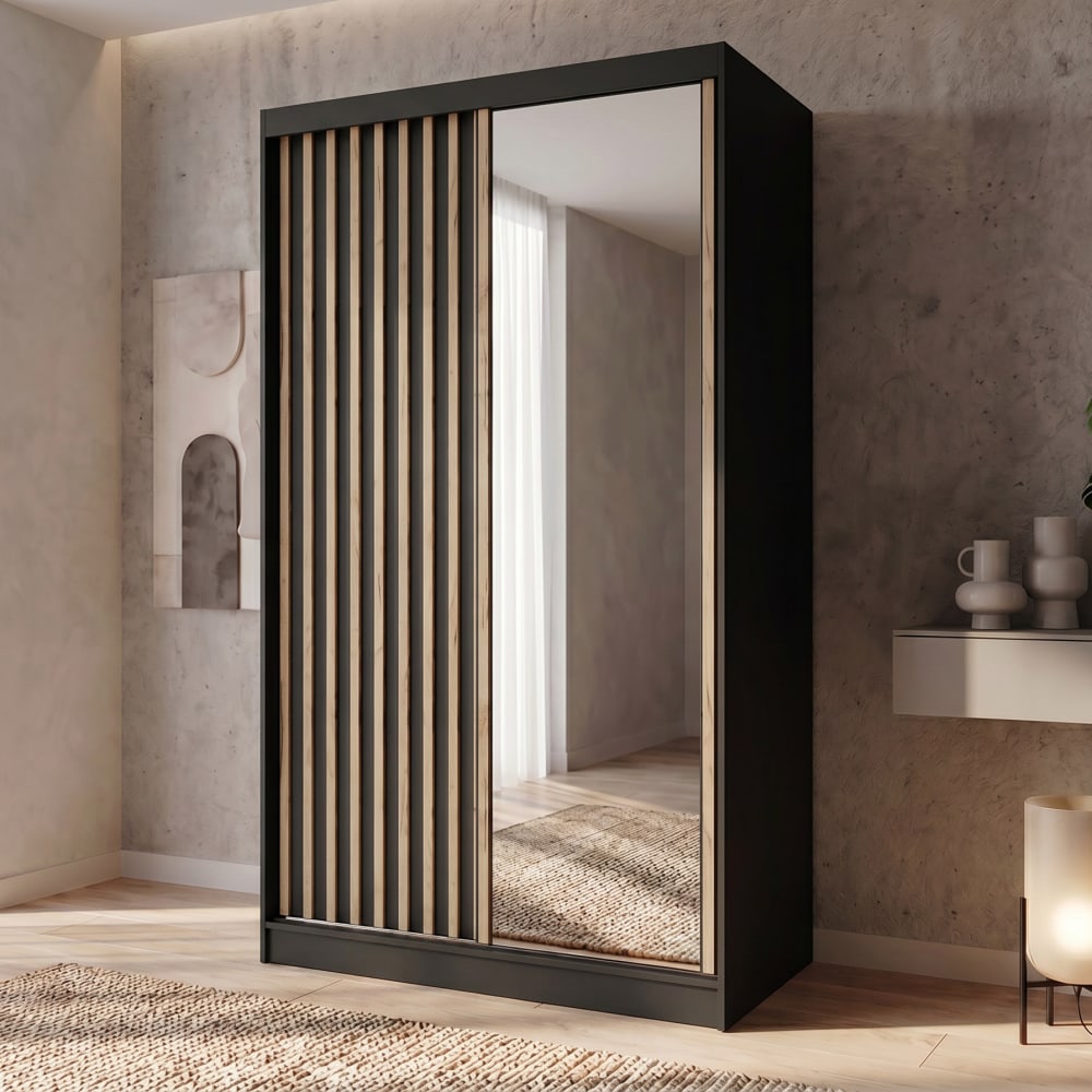 Schiebetürenschrank mit Lamellen 120 cm, Schwarz - Maisons Du