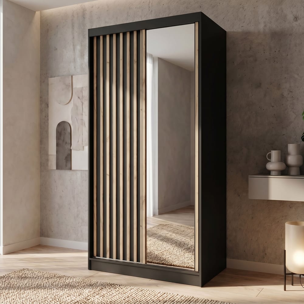 Schiebetürenschrank mit Lamellen 100 cm, Schwarz - Maisons Du