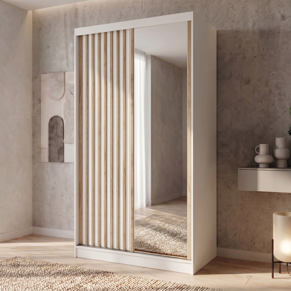 Schiebetürenschrank mit Lamellen 120 cm, Weiß - Maisons Du Monde