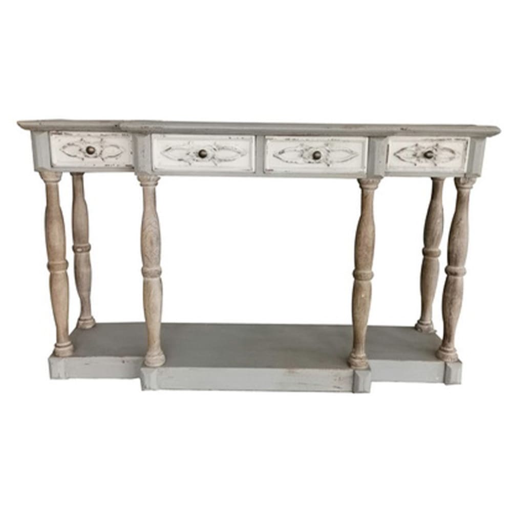 Console d'entrée en bois blanc vieilli, 4 tiroirs, 143x42x85 cm