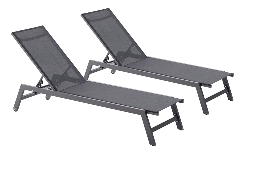 2er Set Liegestühle mit dunkelgrauen und schwarzen Rollen -