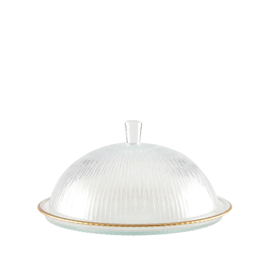 campana de vidrio bordes dorados sobre plato 32x32x17cm