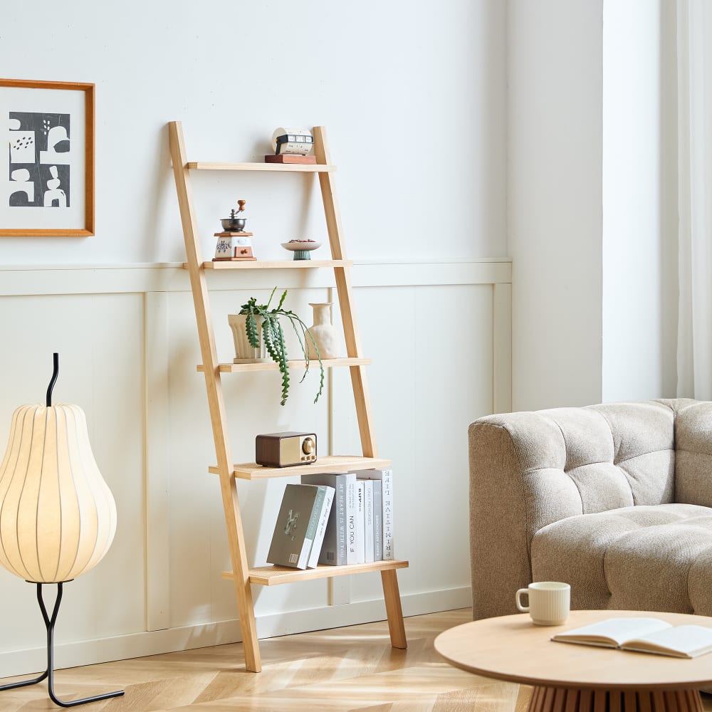 Etagère murale échelle 5 niveaux en bois massif et rotin