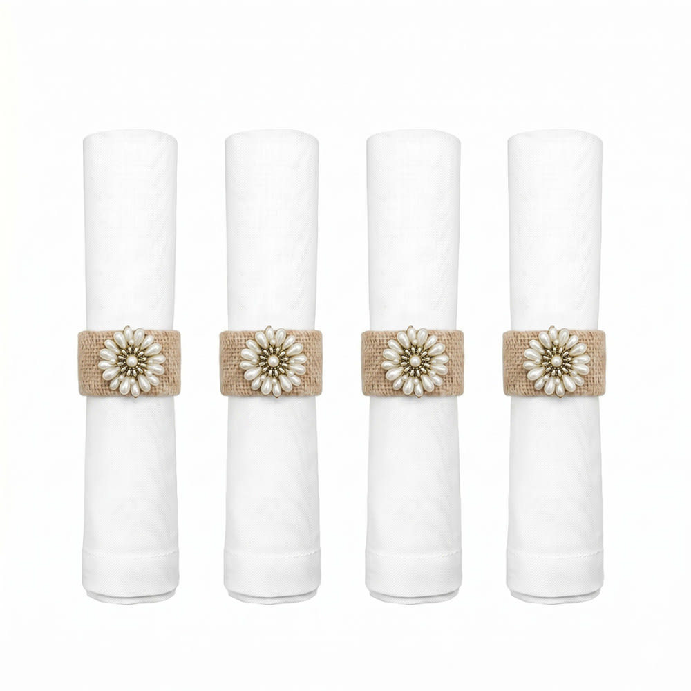 anillos para servilletas beige con flores blancas - set de 4