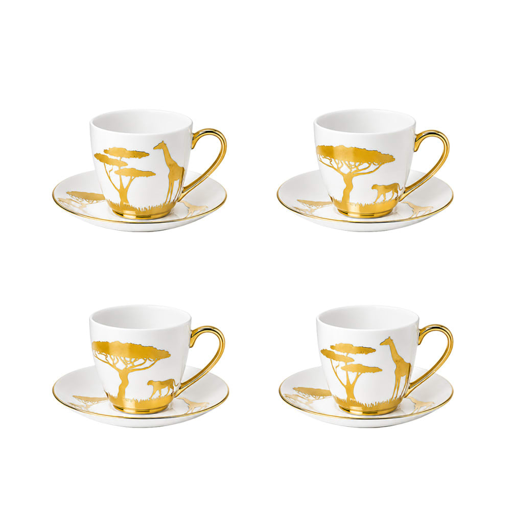 tazas y platos de cafe savana dorados - set de 4