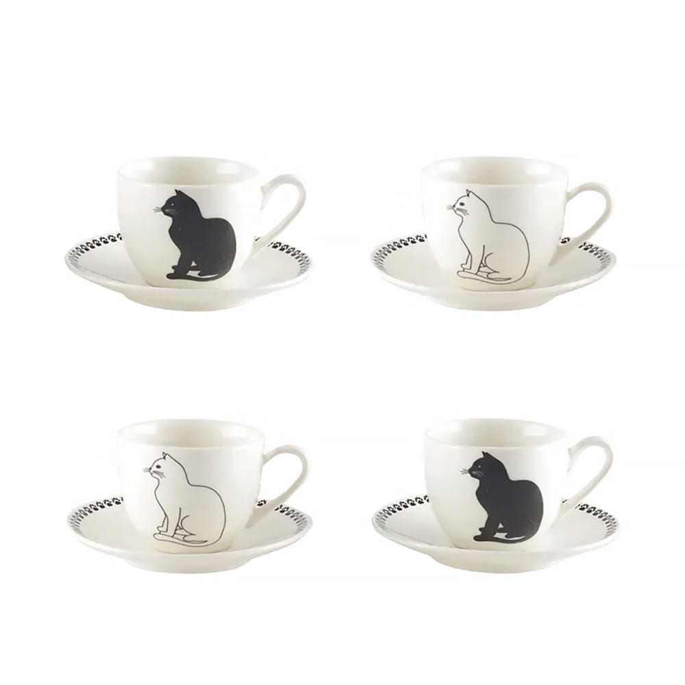 tazas de cafe con platos de gato negro y blanco - set de 4