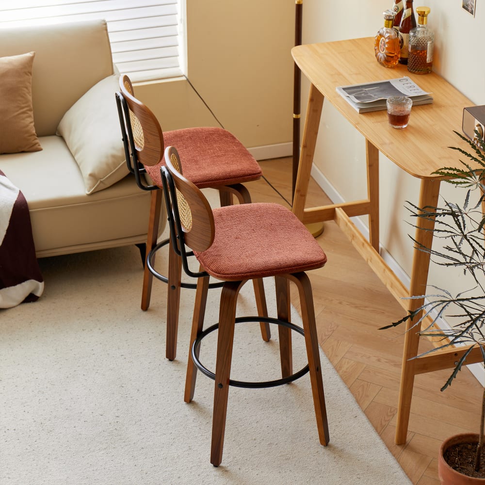 Lot de 2 tabourets de bar en bois massif et cannage terracotta