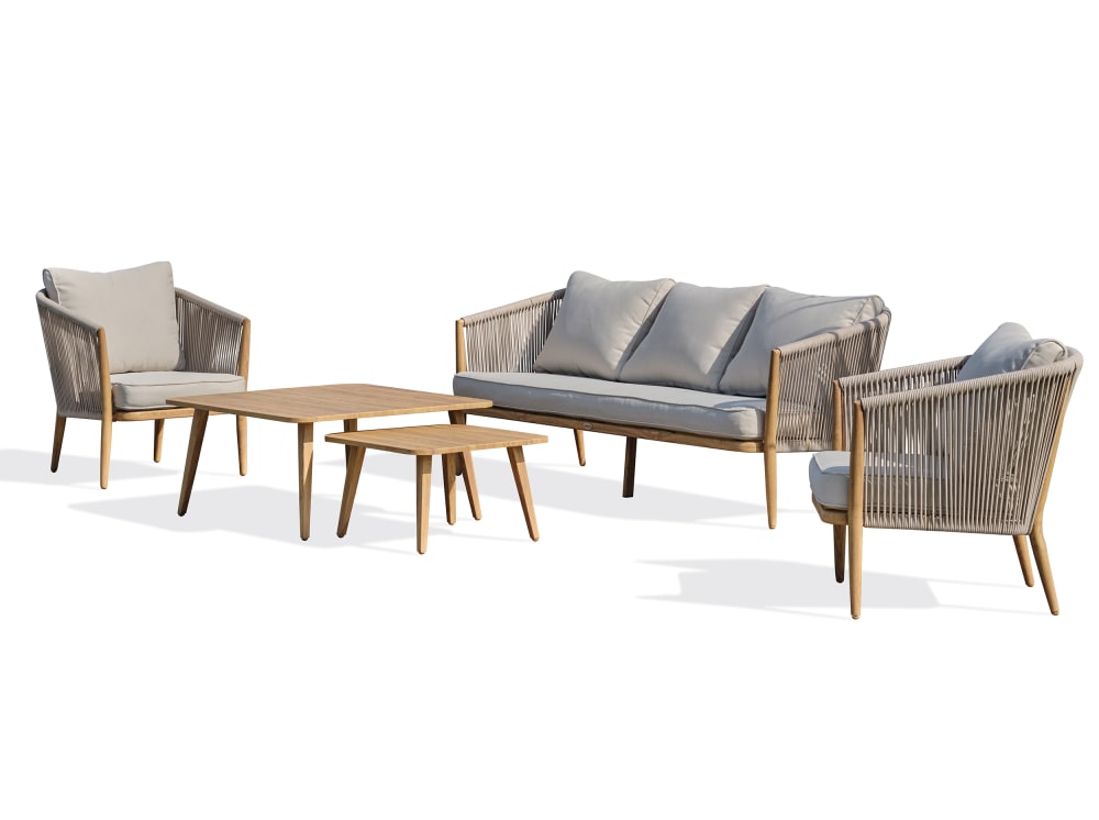 Salon bas de jardin 5 pl en aluminium imitation bois et corde tissée