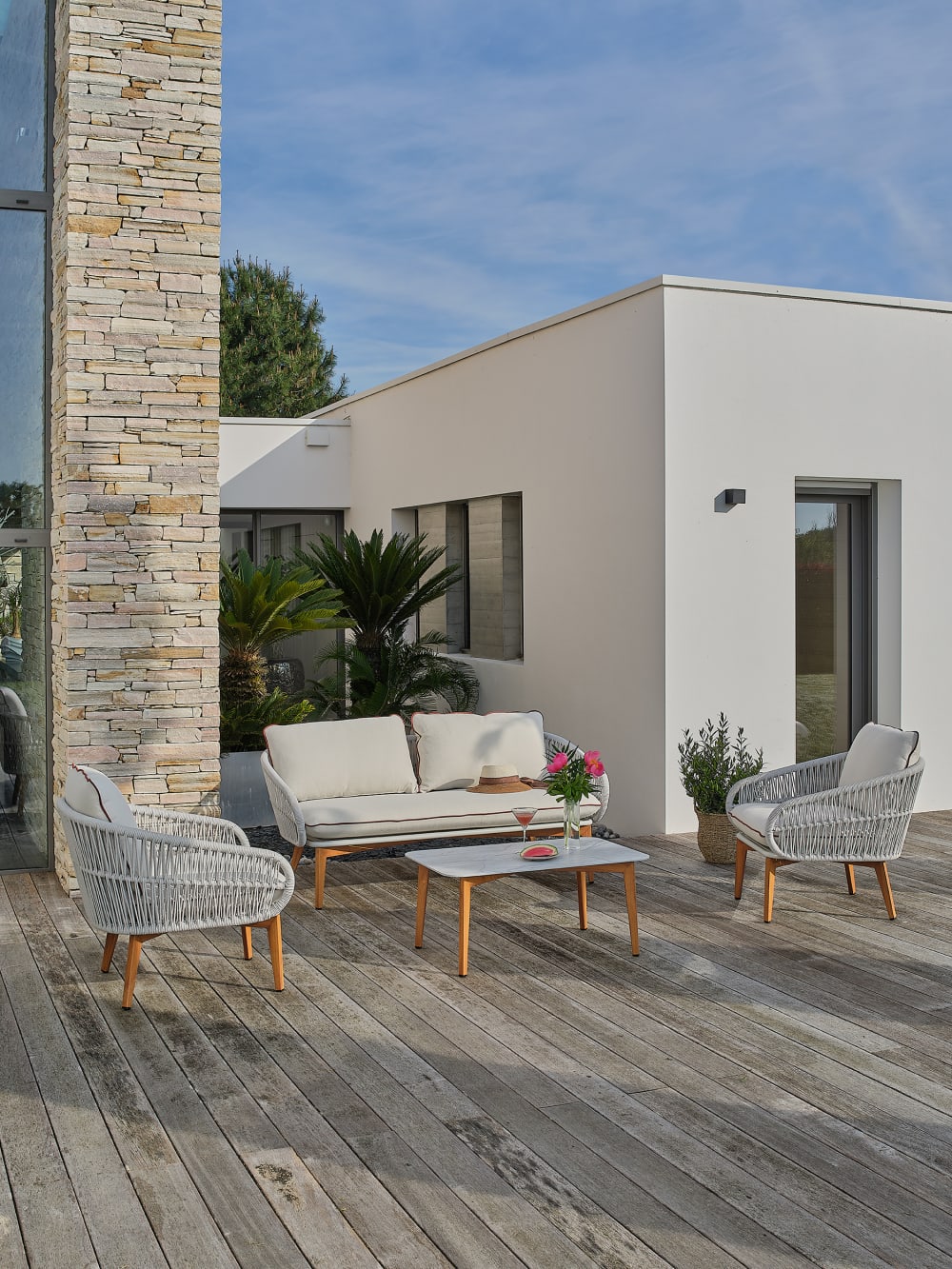 Salon bas de jardin 5 pl en alu imitation bois et corde tissée