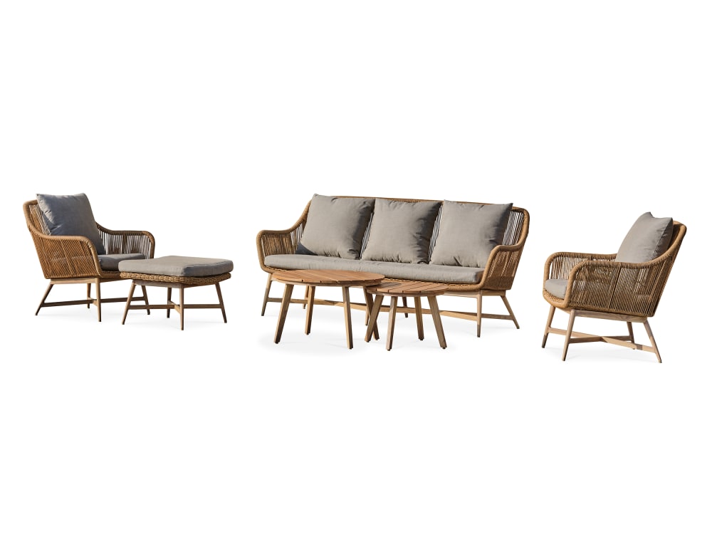 Salon bas de jardin 5 places alu aspect bois, teck et corde tissée