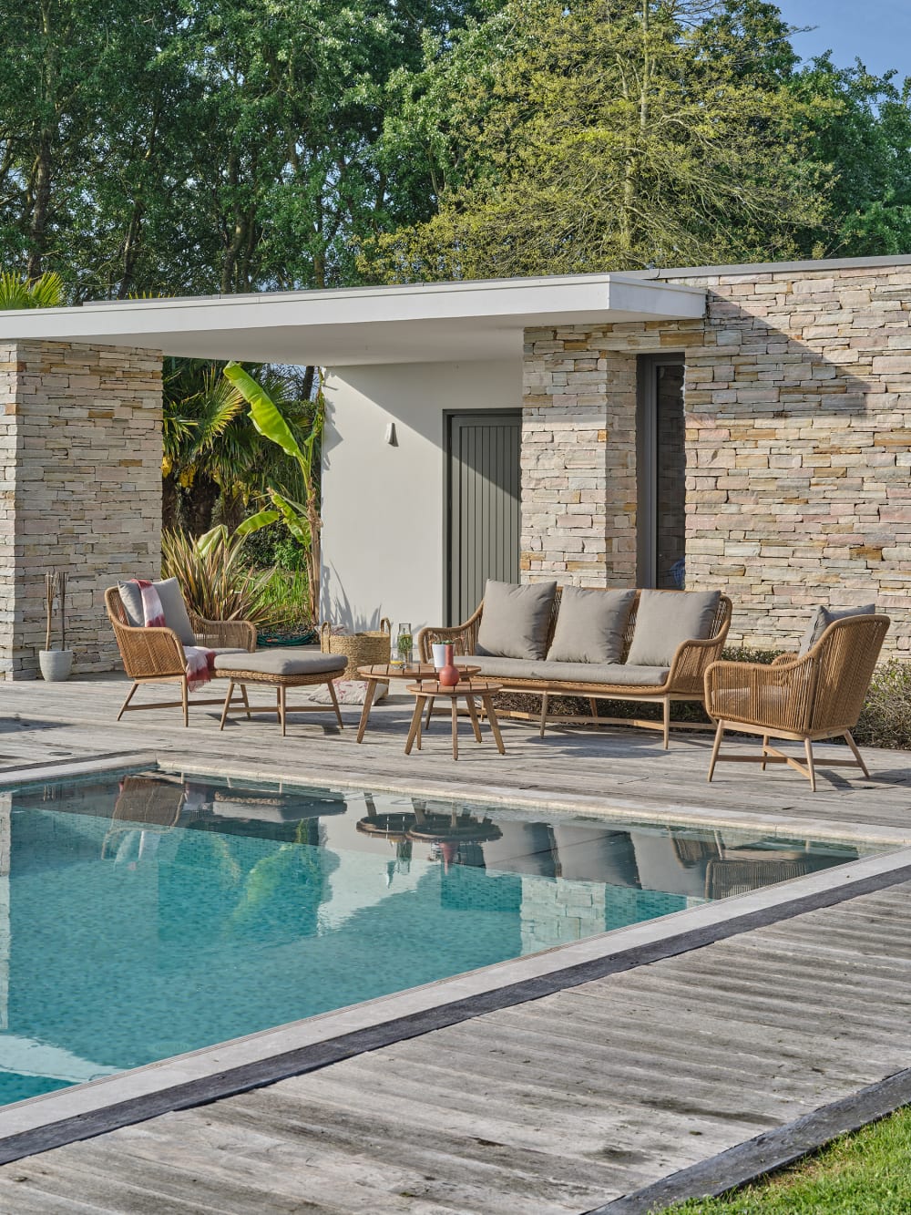 Salon bas de jardin 5 places alu aspect bois, teck et corde tissée
