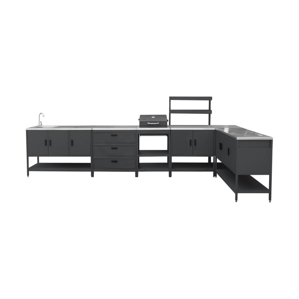 sweeek Außenküche mit Holzkohlegrill 6 Elemente schwarz - Edelstahl