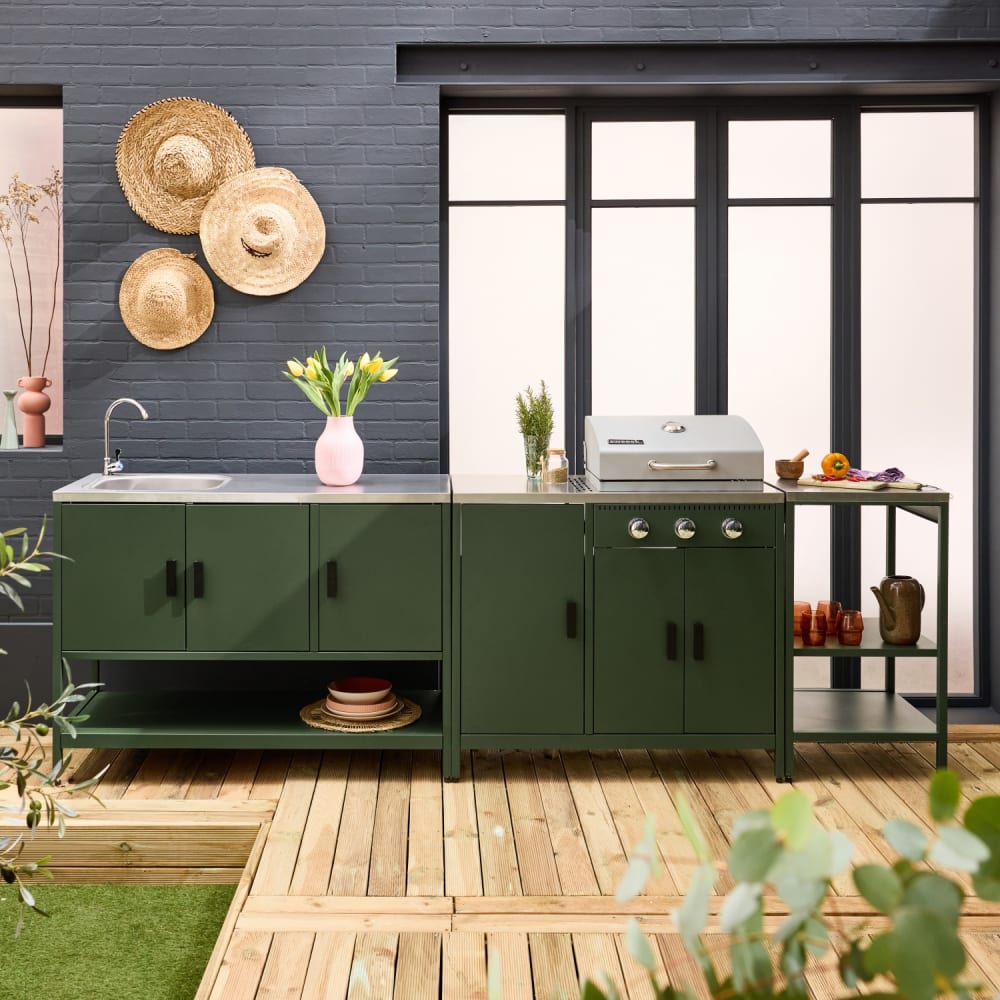 Cuisine d'extérieure 5 modules barbecue gaz 3 brûleurs inox vert